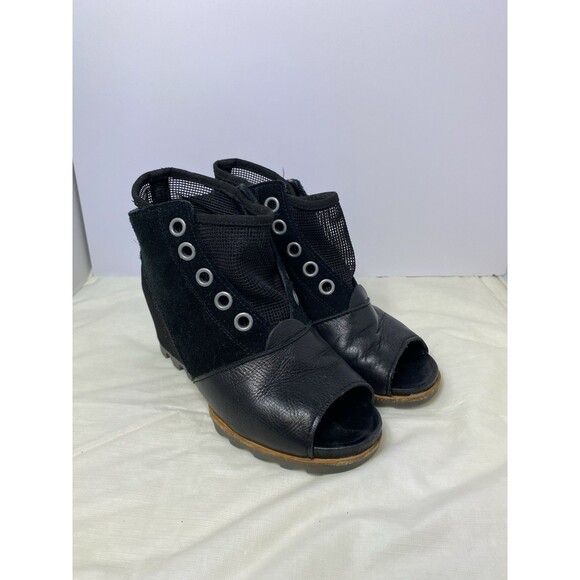 Sorel Suede Leather Open Toe Joanie Mesh Wedge, Black, size 8, womens - Picture 1 of 7